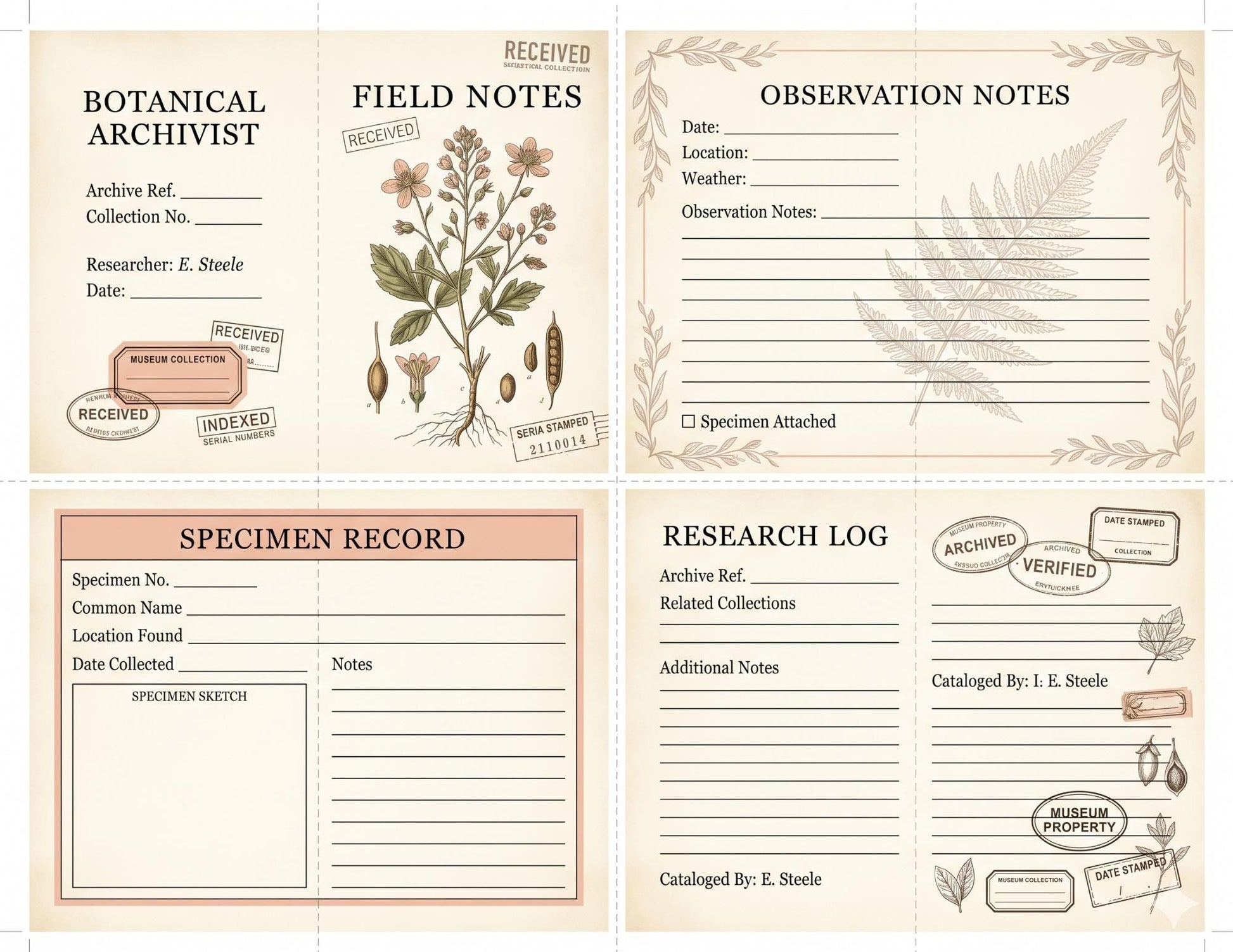 Botanical Archivist Field Notes Collection, Printable Journal Pages, Herbarium Records, Botanical Ephemera, Junk Journal Kit, Nature Archive