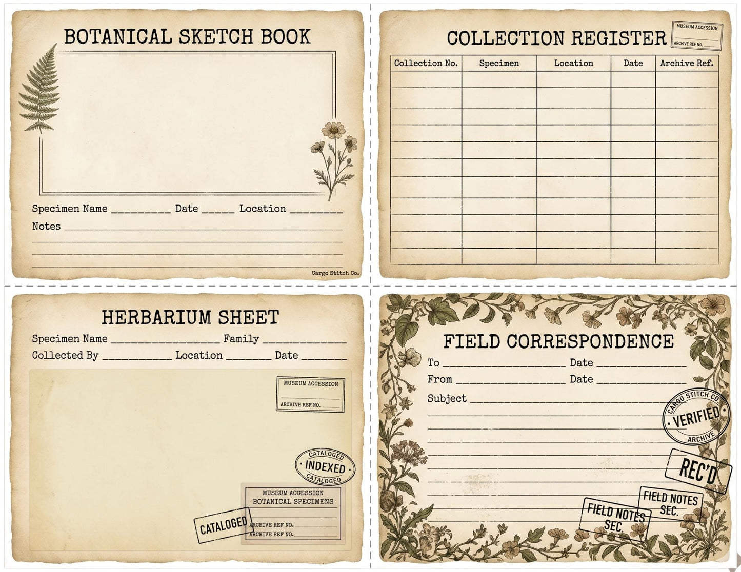 Botanical Archivist Field Notes Collection, Printable Journal Pages, Herbarium Records, Botanical Ephemera, Junk Journal Kit, Nature Archive