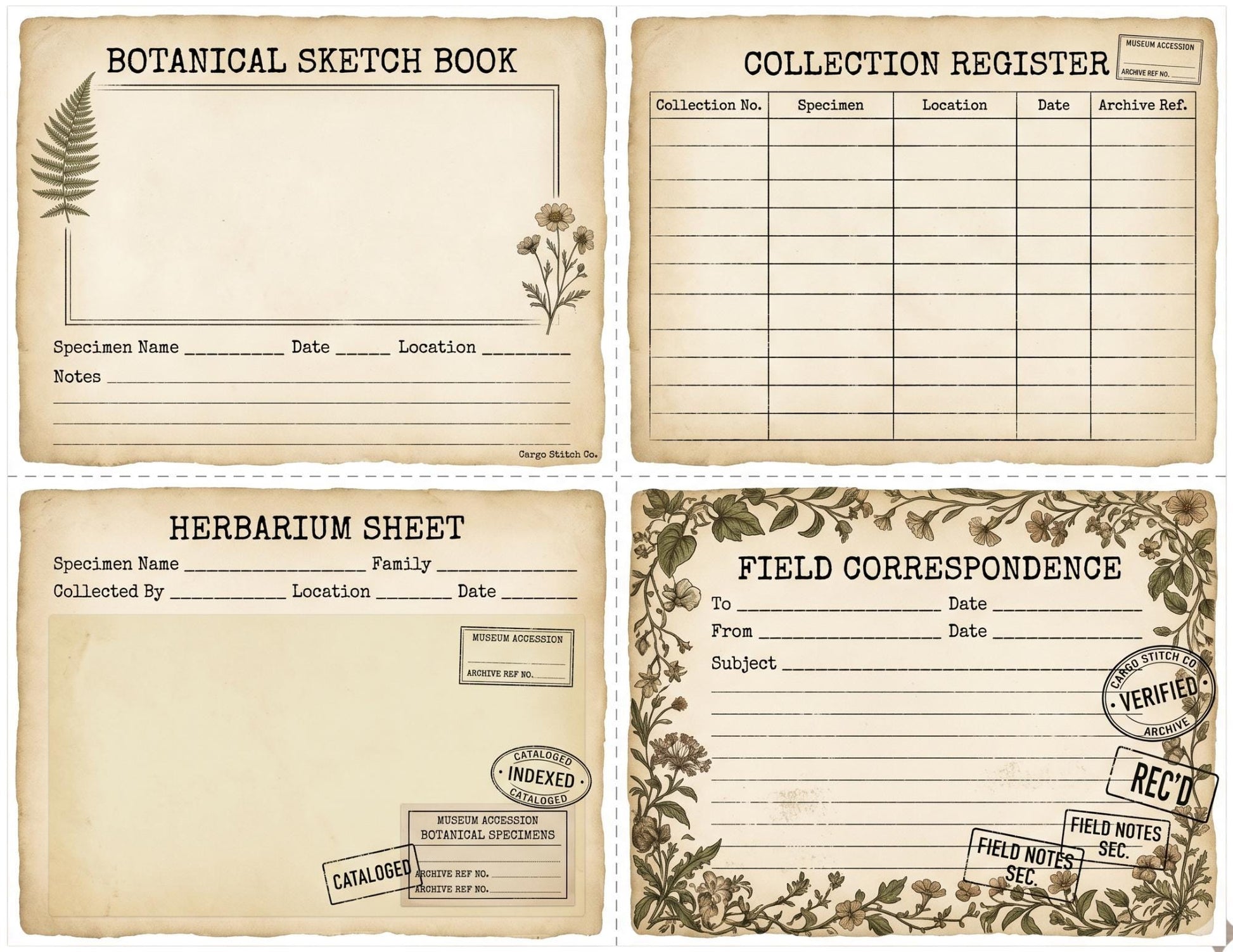 Botanical Archivist Field Notes Collection, Printable Journal Pages, Herbarium Records, Botanical Ephemera, Junk Journal Kit, Nature Archive