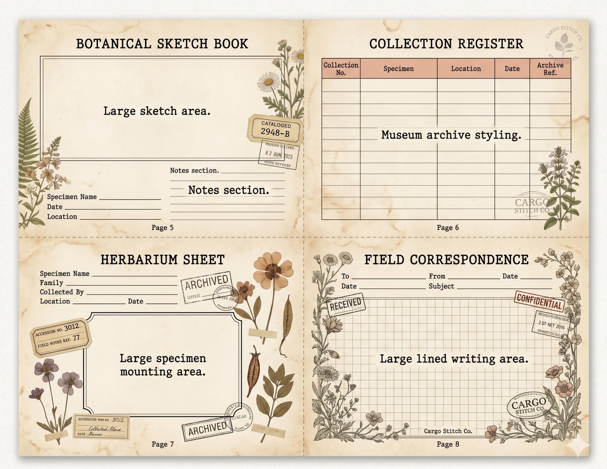 Botanical Archivist Field Notes Collection, Printable Journal Pages, Herbarium Records, Botanical Ephemera, Junk Journal Kit, Nature Archive
