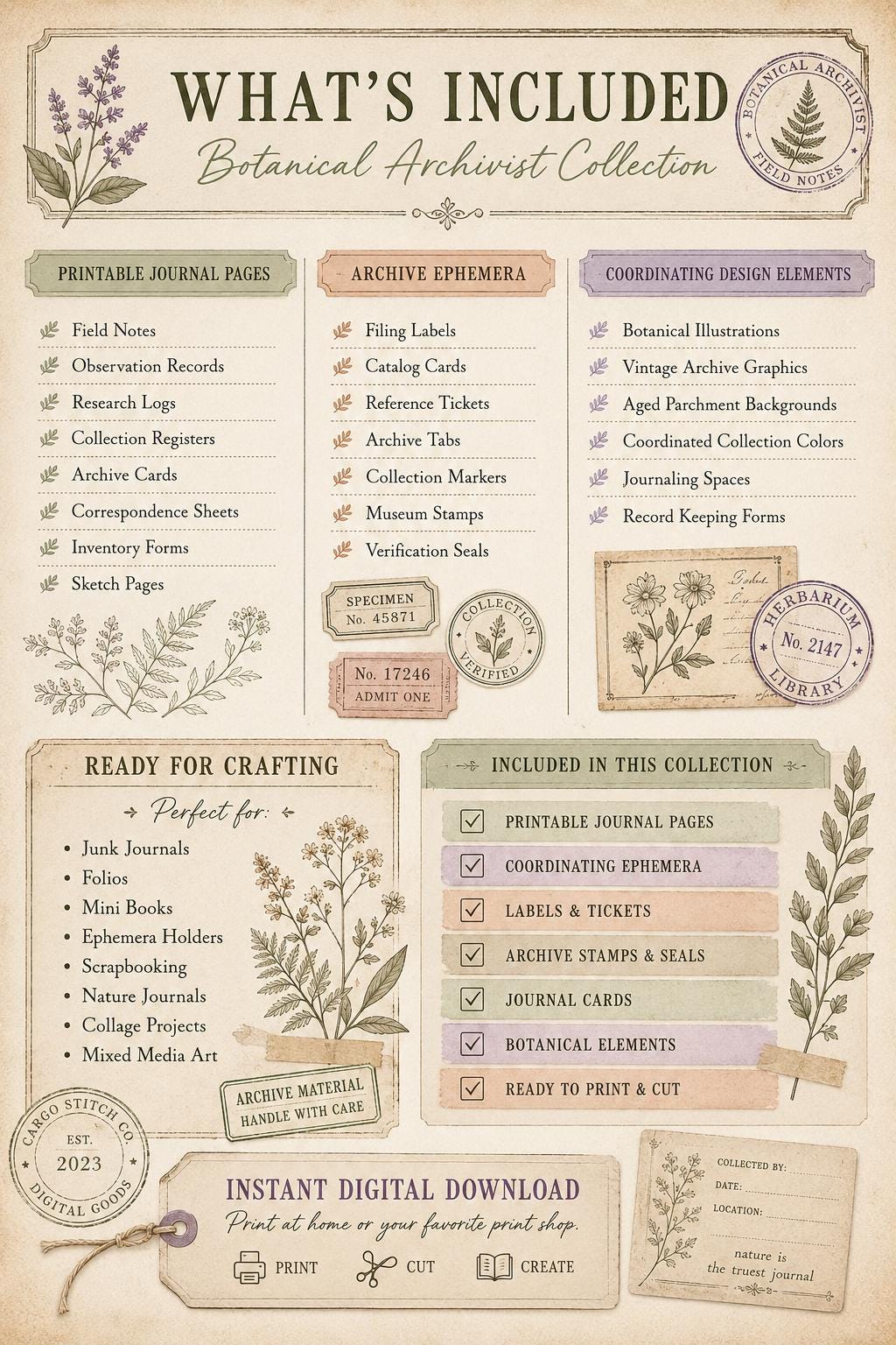 Botanical Archivist Field Notes Collection, Printable Journal Pages, Herbarium Records, Botanical Ephemera, Junk Journal Kit, Nature Archive