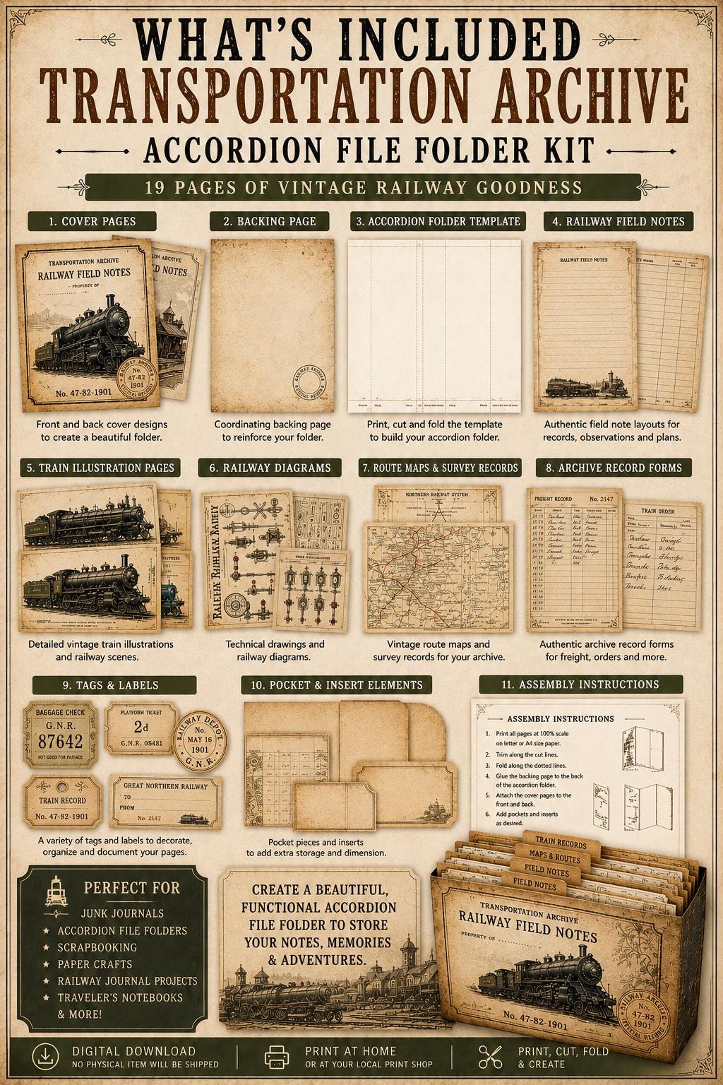 Transportation Archive Accordion File Folder Kit | Railway Field Notes | Vintage Train Journal Printable | Tags | Digital Download