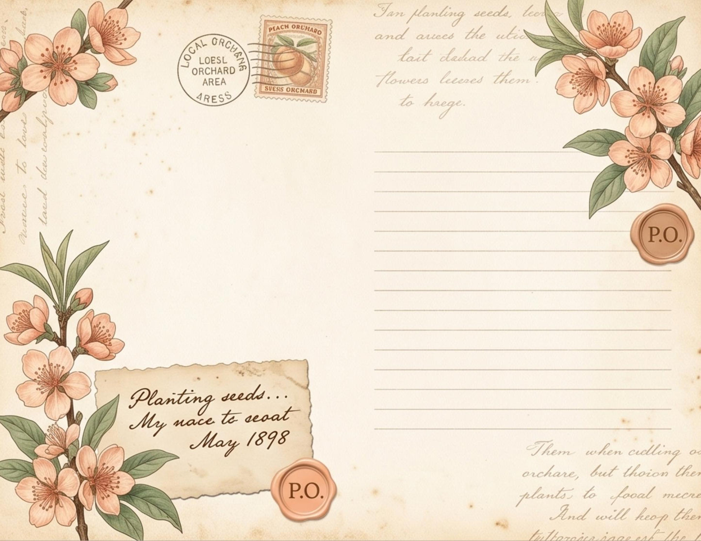 Peach Orchard Journaling Pages | Vintage Botanical Writing Paper | Peach Blossom Stationery | Printable Journal Pages | Junk Journal Kit