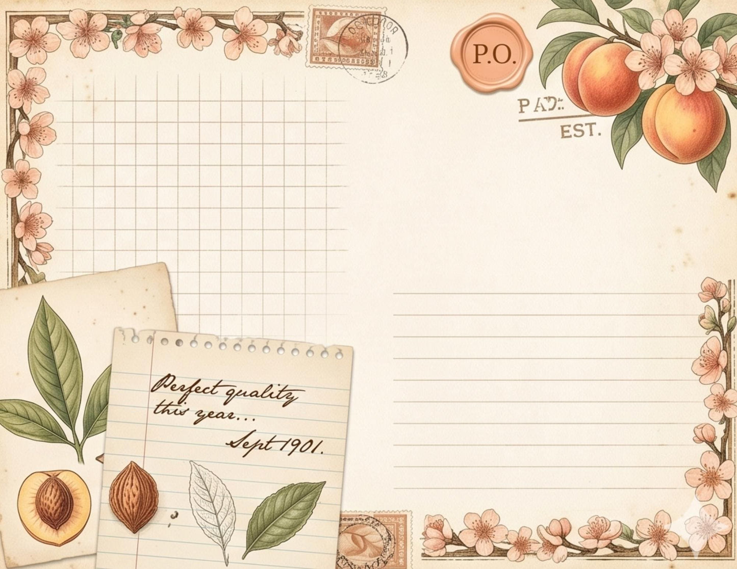 Peach Orchard Journaling Pages | Vintage Botanical Writing Paper | Peach Blossom Stationery | Printable Journal Pages | Junk Journal Kit