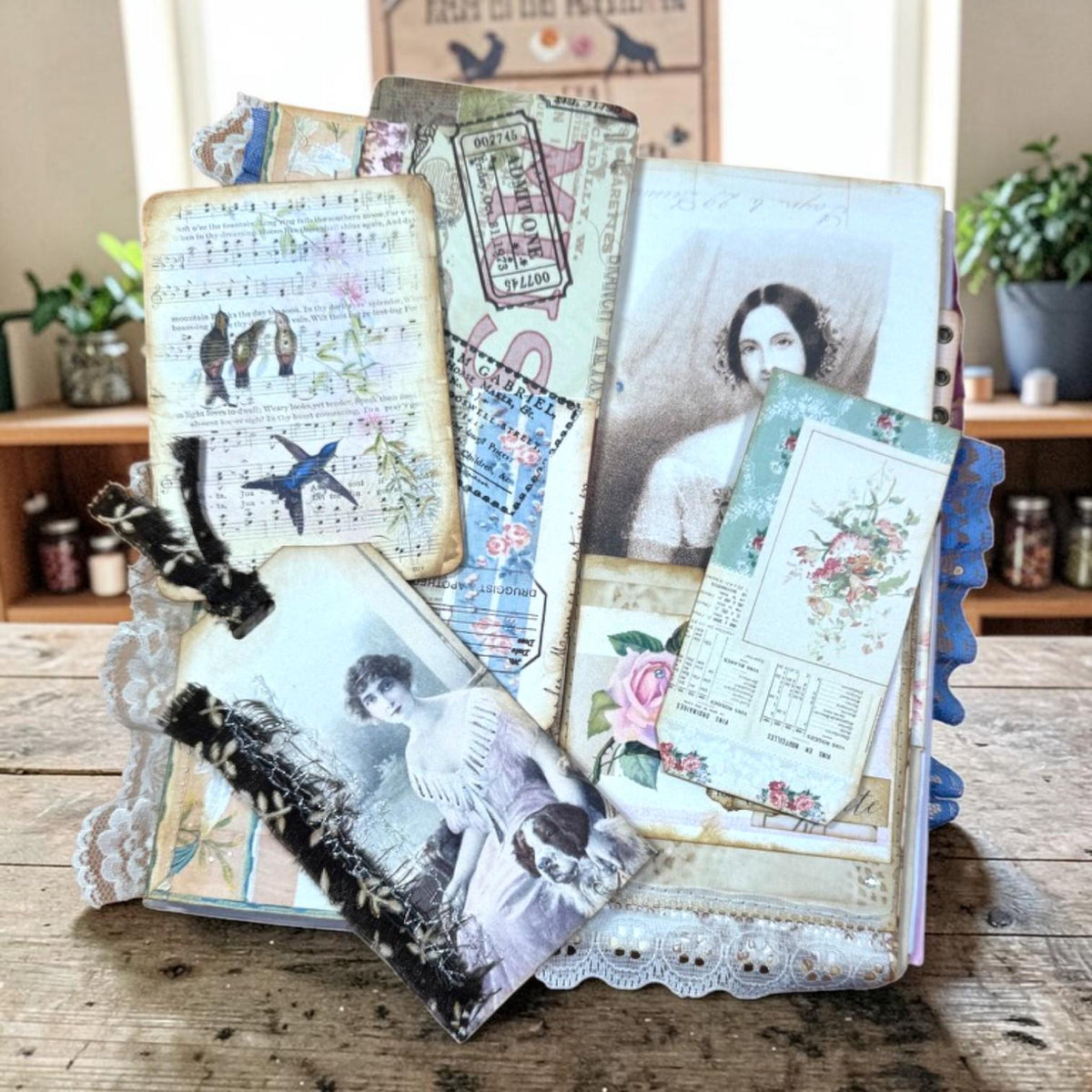 Victorian Expandable Envelope Junk Journal | Handmade Coffee Dyed Journal | 126 Pages | Interactive Journal Pockets, Envelopes & Ephemera