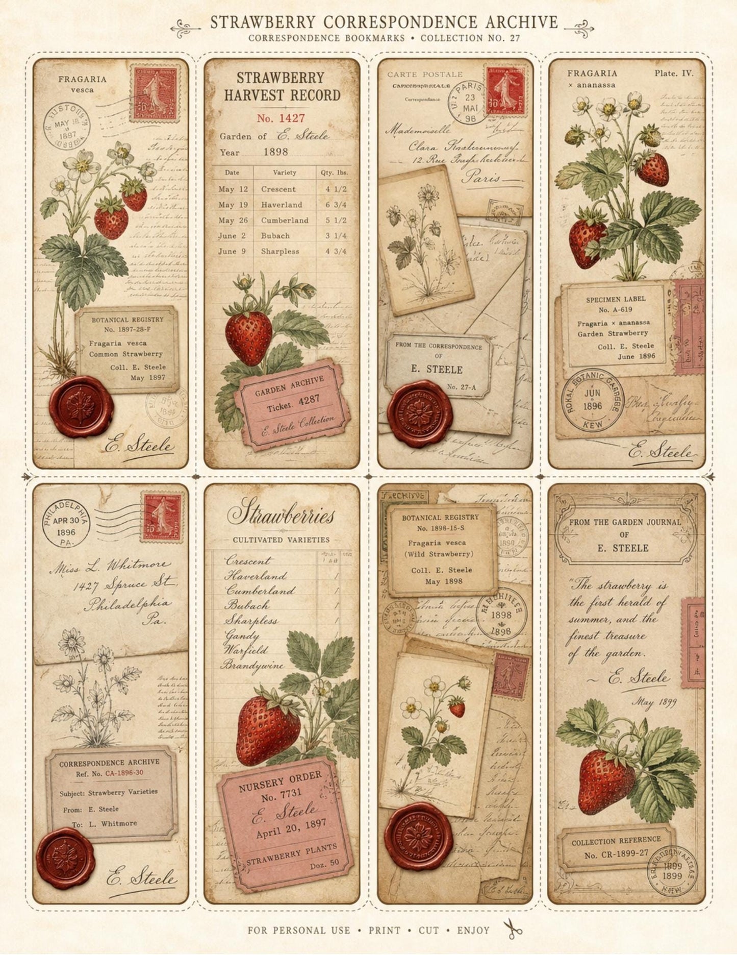 Strawberry Correspondence Archive Ephemera Collection 10 Printable Pages Vintage Strawberry Journal Cards, Labels, Tags, Junk Journal Kit