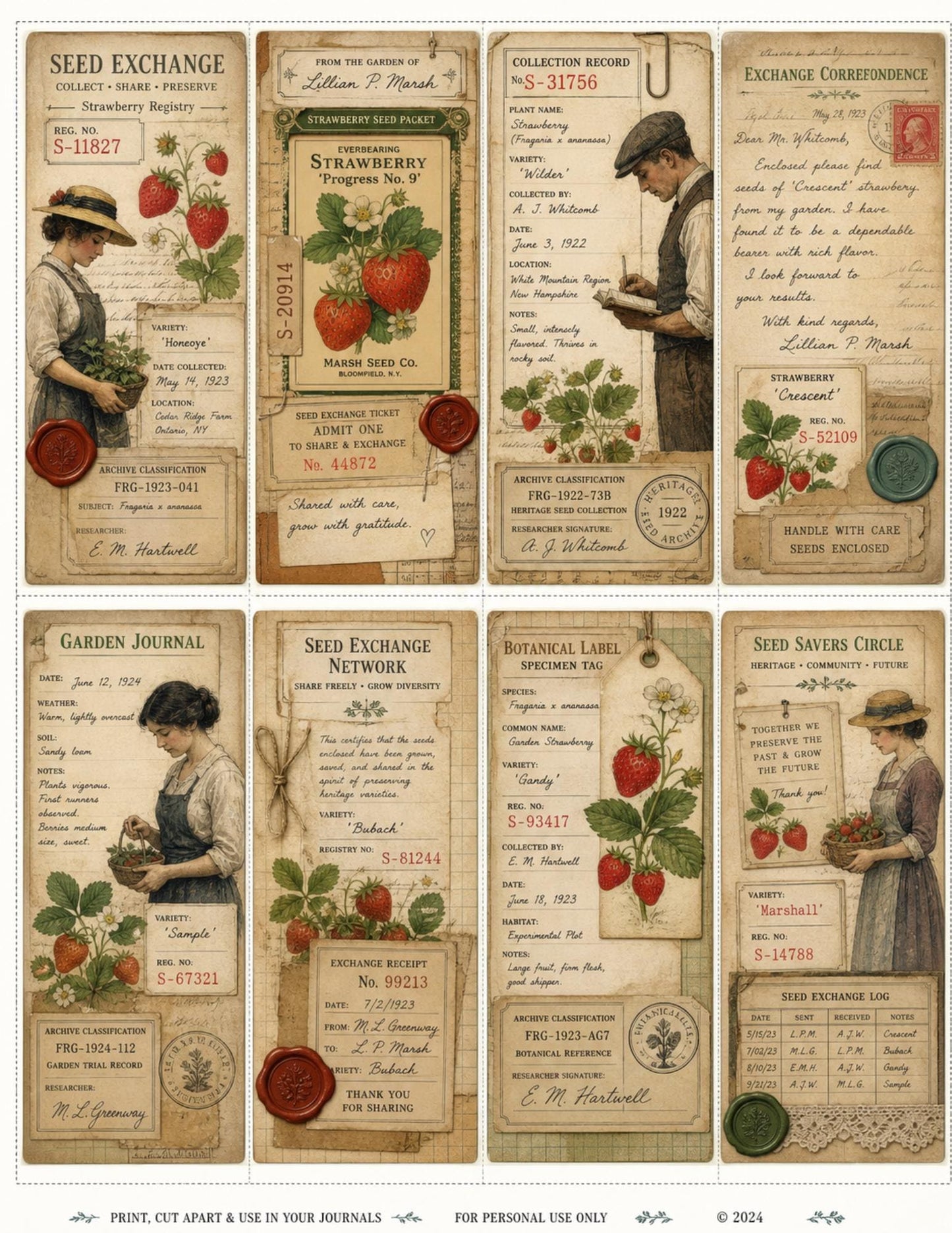 Strawberry Correspondence Archive Ephemera Collection 10 Printable Pages Vintage Strawberry Journal Cards, Labels, Tags, Junk Journal Kit