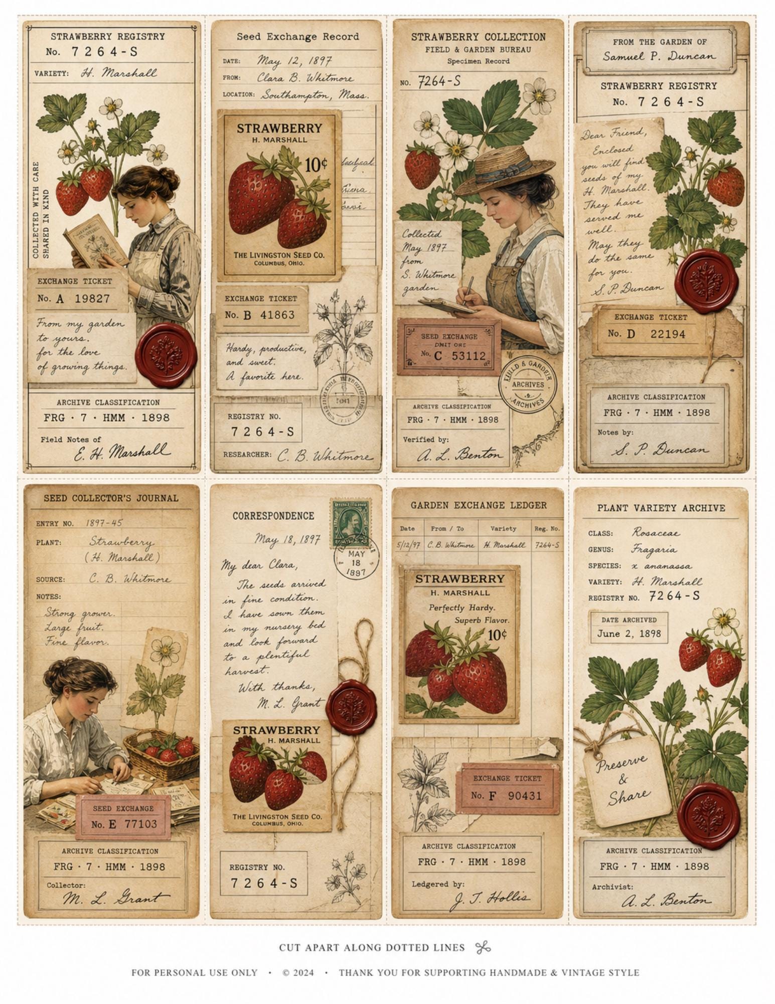 Strawberry Correspondence Archive Ephemera Collection 10 Printable Pages Vintage Strawberry Journal Cards, Labels, Tags, Junk Journal Kit