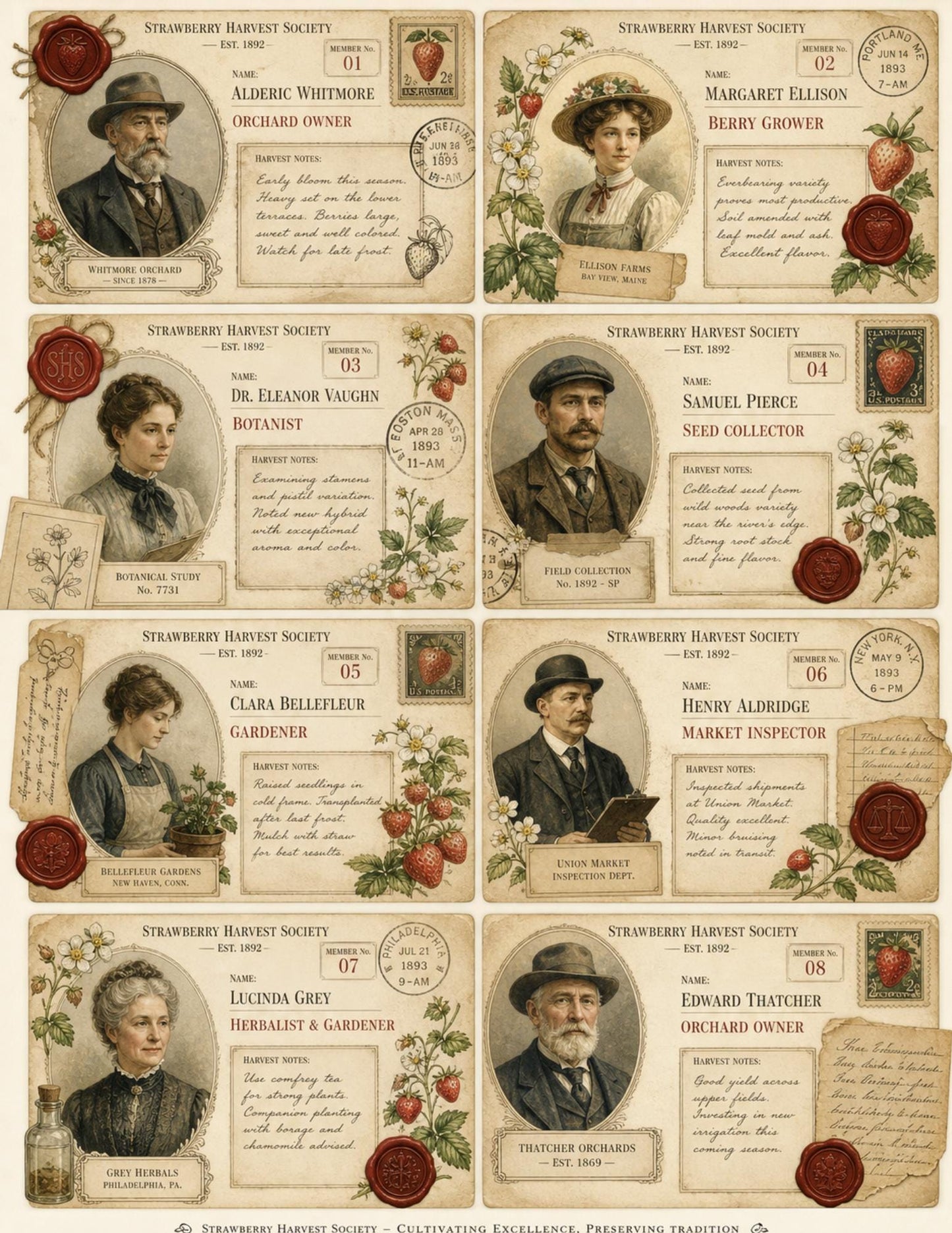 Strawberry Correspondence Archive Ephemera Collection 10 Printable Pages Vintage Strawberry Journal Cards, Labels, Tags, Junk Journal Kit