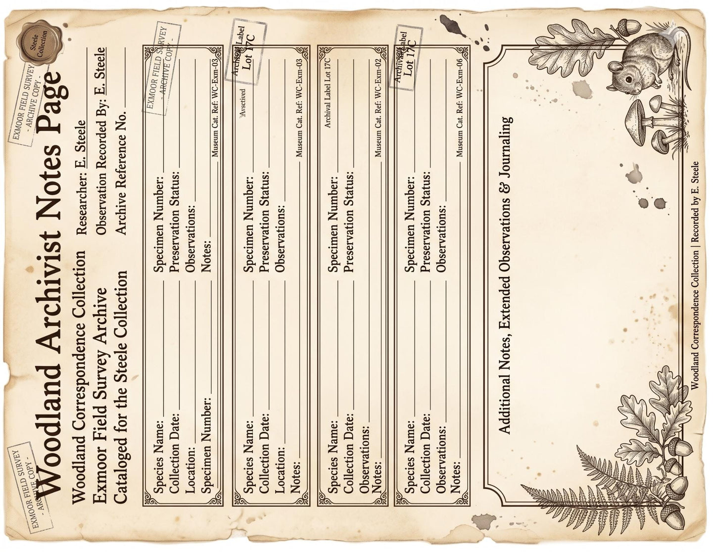 Naturalist Correspondence Archive Volume I | Woodland Field Notes Printable Kit, Nature Journal Ephemera, Observation Records, Journal Pages