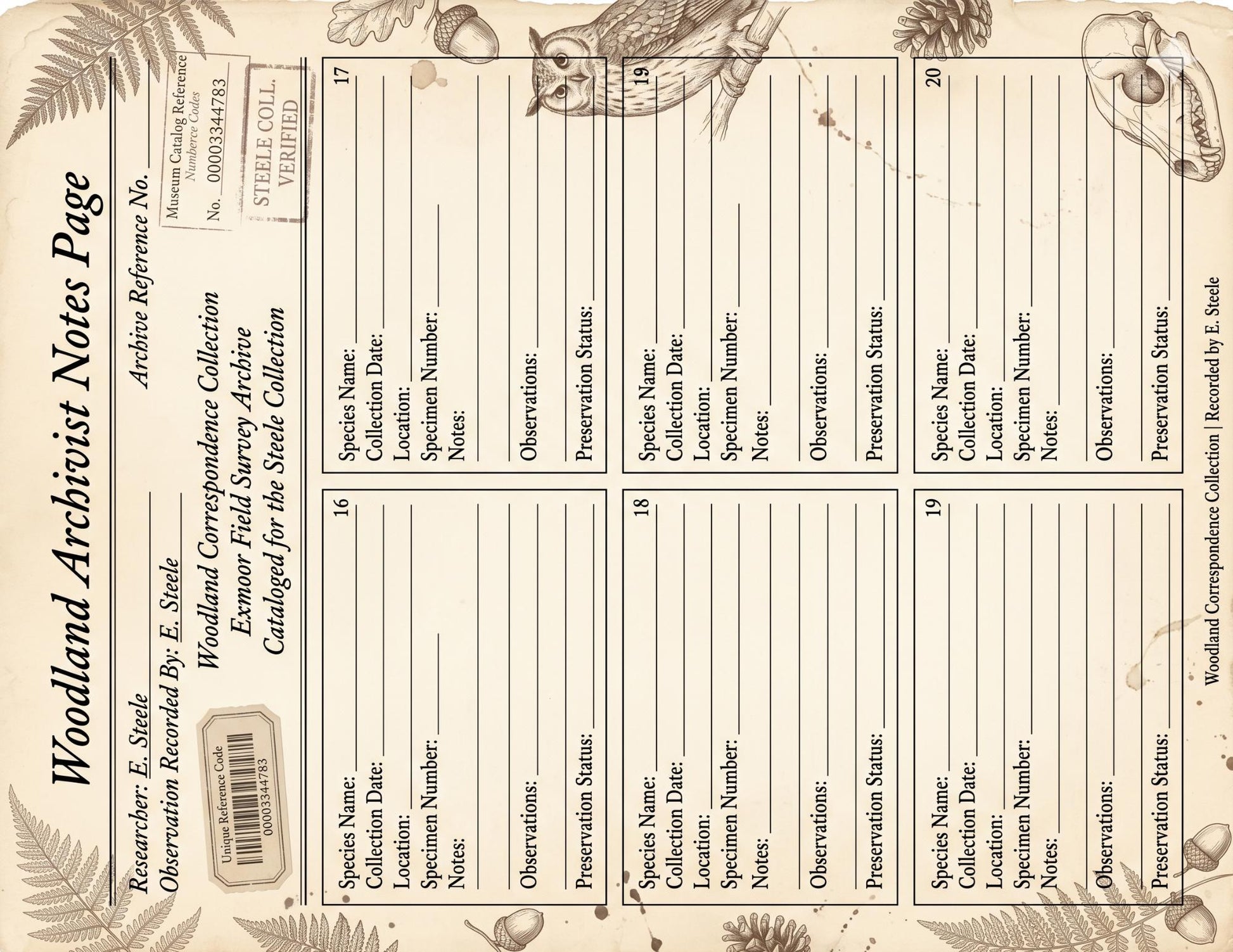 Naturalist Correspondence Archive Volume I | Woodland Field Notes Printable Kit, Nature Journal Ephemera, Observation Records, Journal Pages
