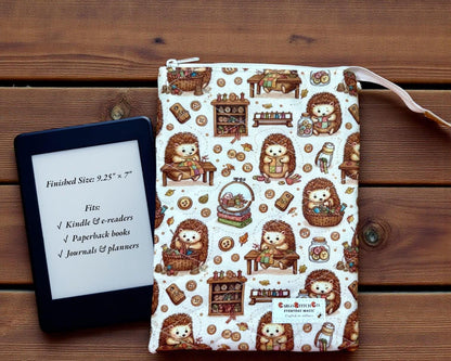 Kindle Sleeve with Zipper | Quilted E-Reader Case | Book Sleeve for Paperback & Journal | Hedgehog Sewing Gift