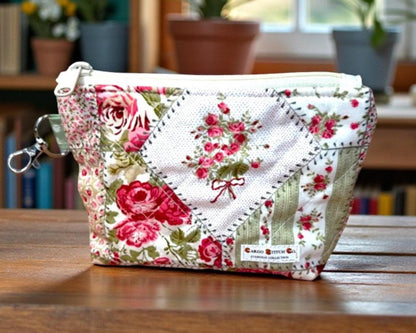 Rosewood Garden Quilted Zipper Pouch, Medium Floral Makeup Bag, Handmade Cosmetic Bag, Sewing & Craft Organizer