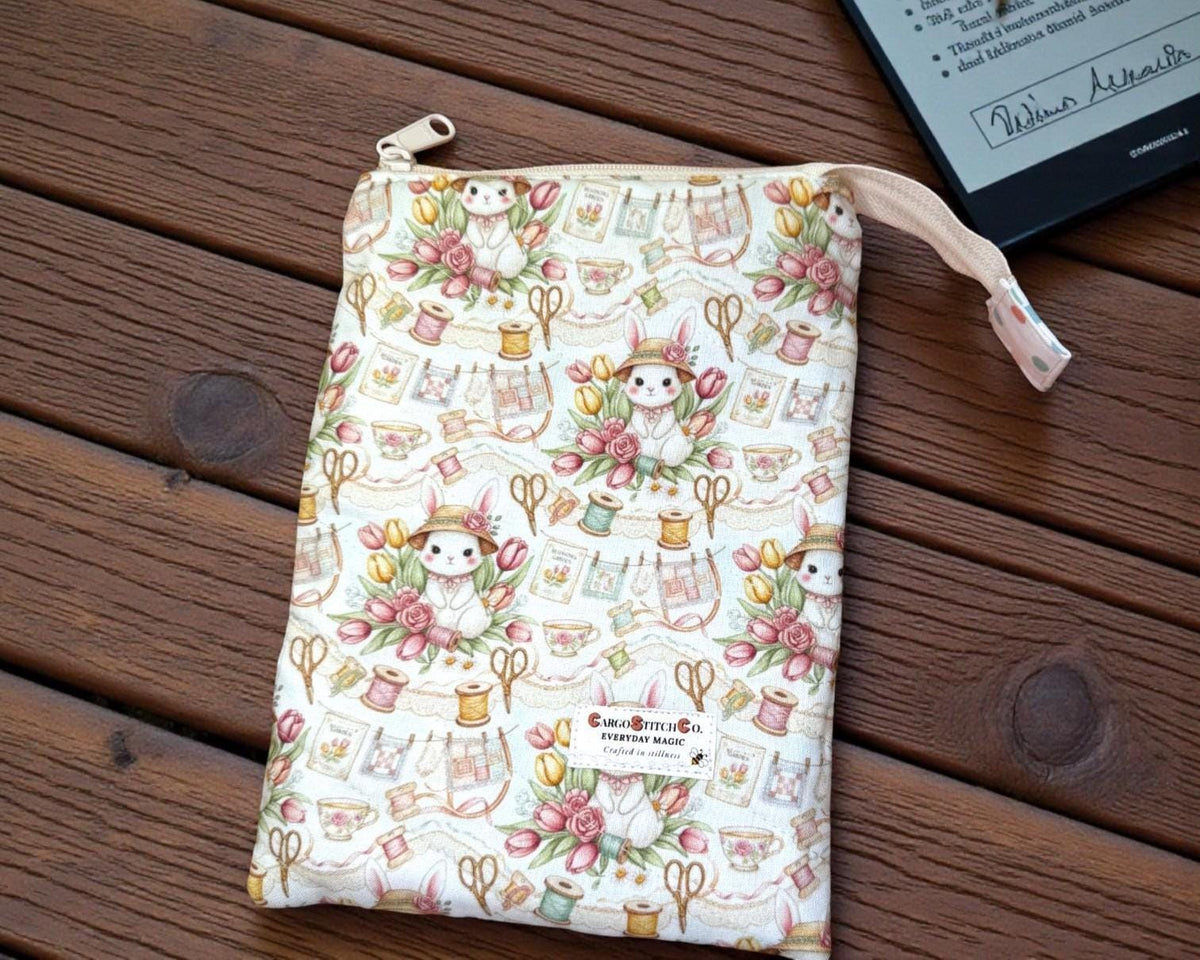 Kindle Sleeve with Zipper | Quilted E-Reader Case | Book Sleeve for Paperback & Journal | Bunny Sewing Gift