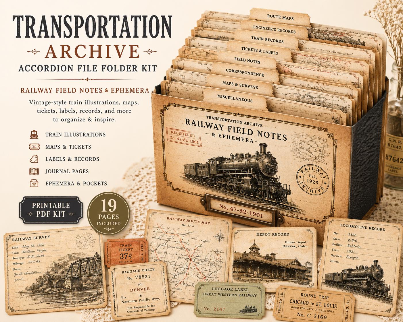 Transportation Archive Accordion File Folder Kit | Railway Field Notes | Vintage Train Journal Printable | Tags | Digital Download