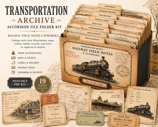 Transportation Archive Accordion File Folder Kit | Railway Field Notes | Vintage Train Journal Printable | Tags | Digital Download