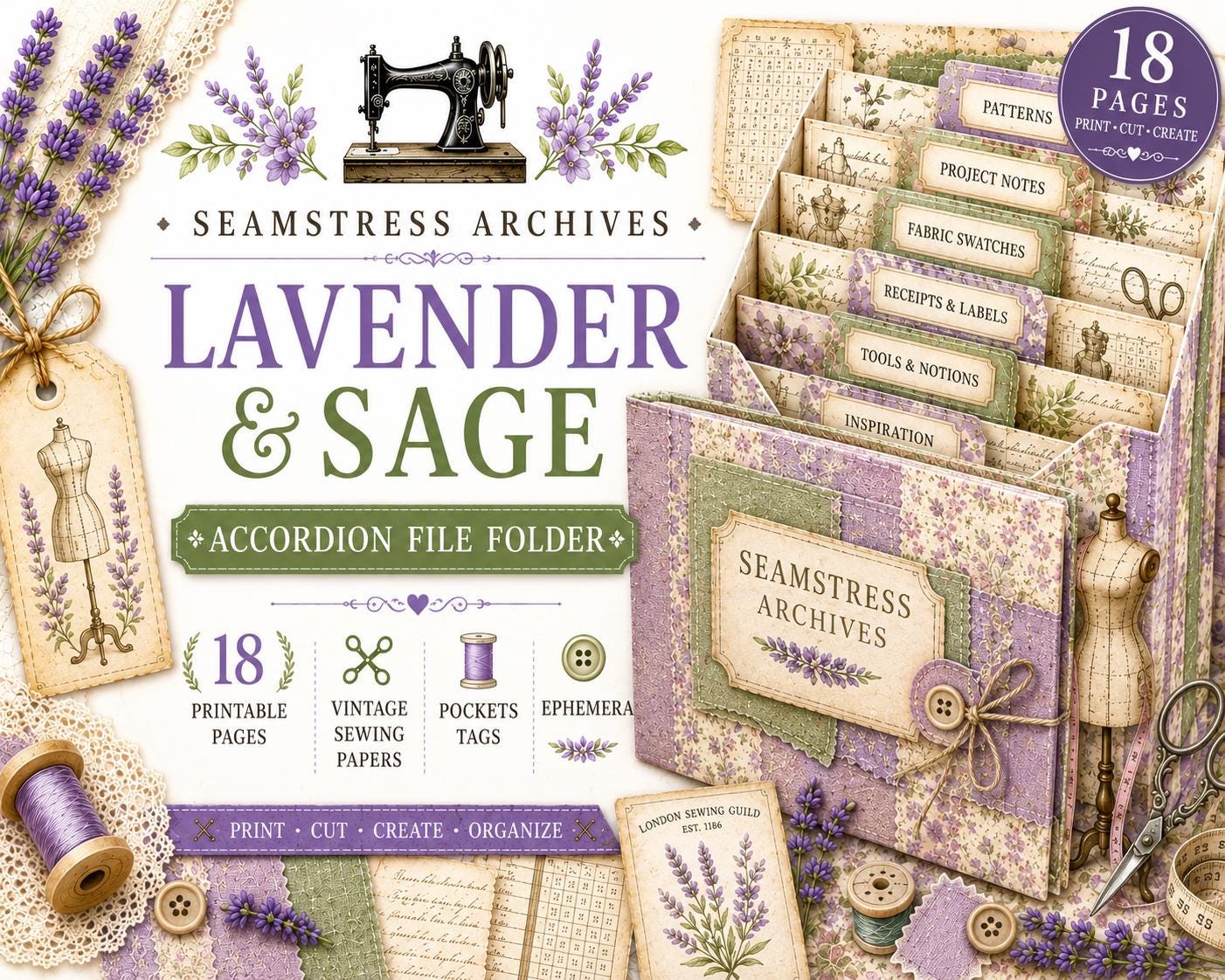 Seamstress Archives Accordion File Folder | Vintage Sewing Printable Organizer | Textile Archive Collection | Junk Journal Kit