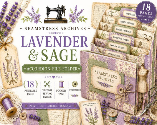 Seamstress Archives Accordion File Folder | Vintage Sewing Printable Organizer | Textile Archive Collection | Junk Journal Kit