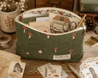 Mushroom Meadow Junk Journal Supply Pouch | Quilted Zipper Organizer for Pens, Ephemera & Craft Supplies