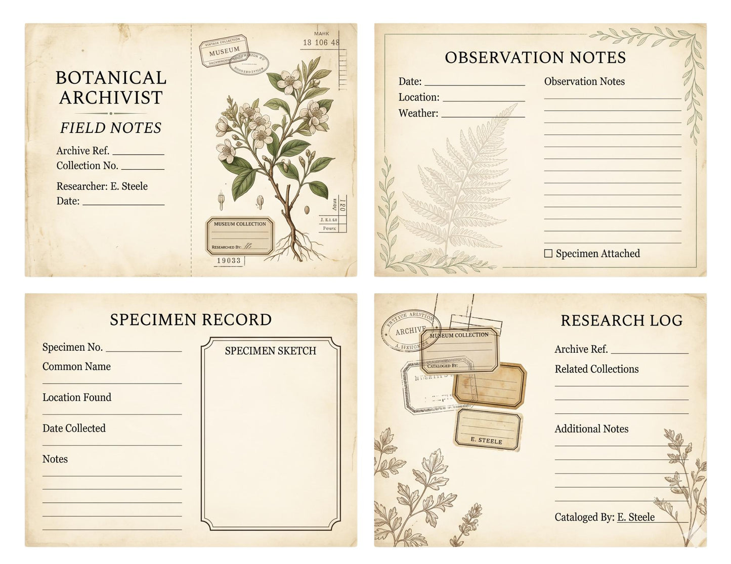 Botanical Archivist Field Notes Collection, Printable Journal Pages, Herbarium Records, Botanical Ephemera, Junk Journal Kit, Nature Archive