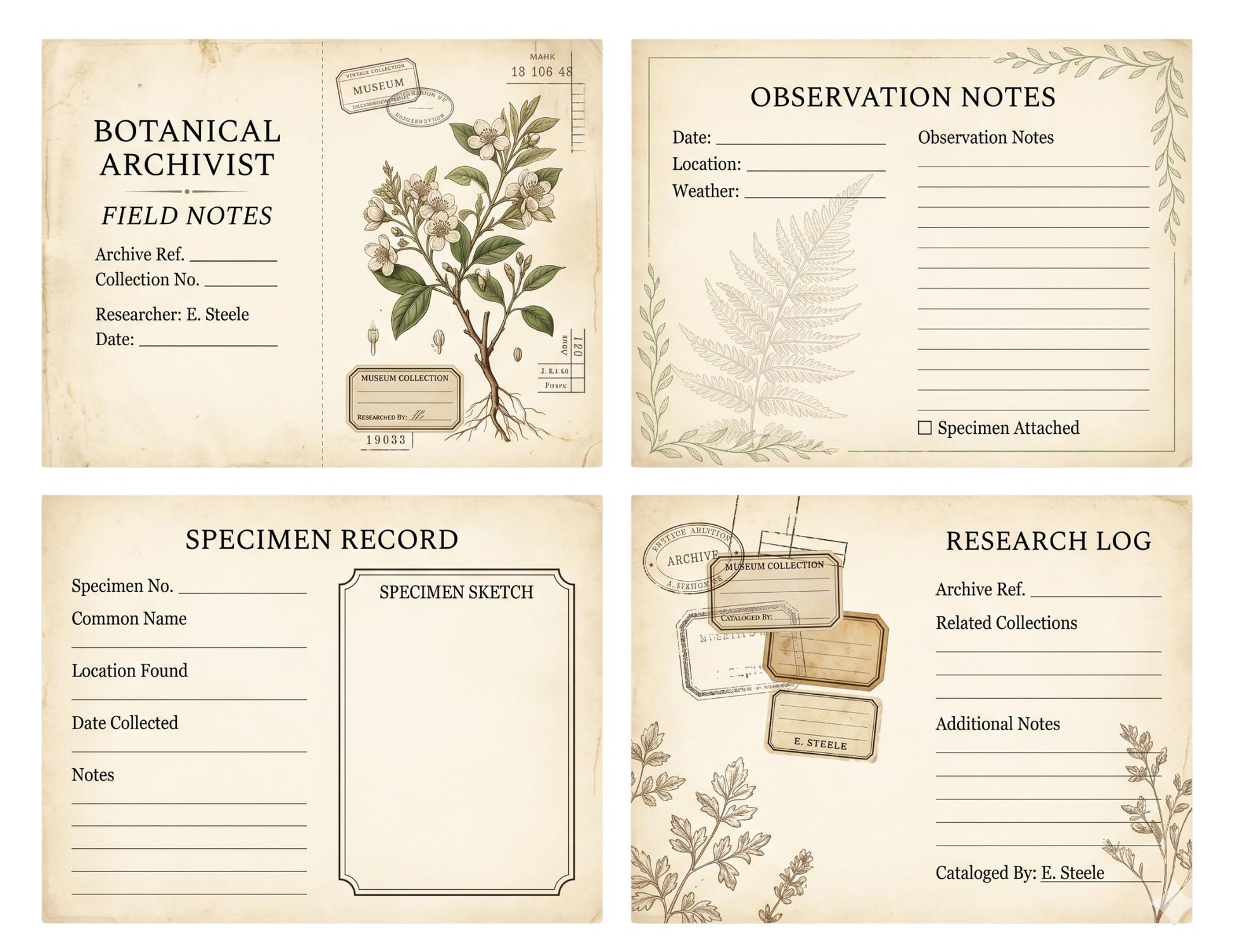 Botanical Archivist Field Notes Collection, Printable Journal Pages, Herbarium Records, Botanical Ephemera, Junk Journal Kit, Nature Archive