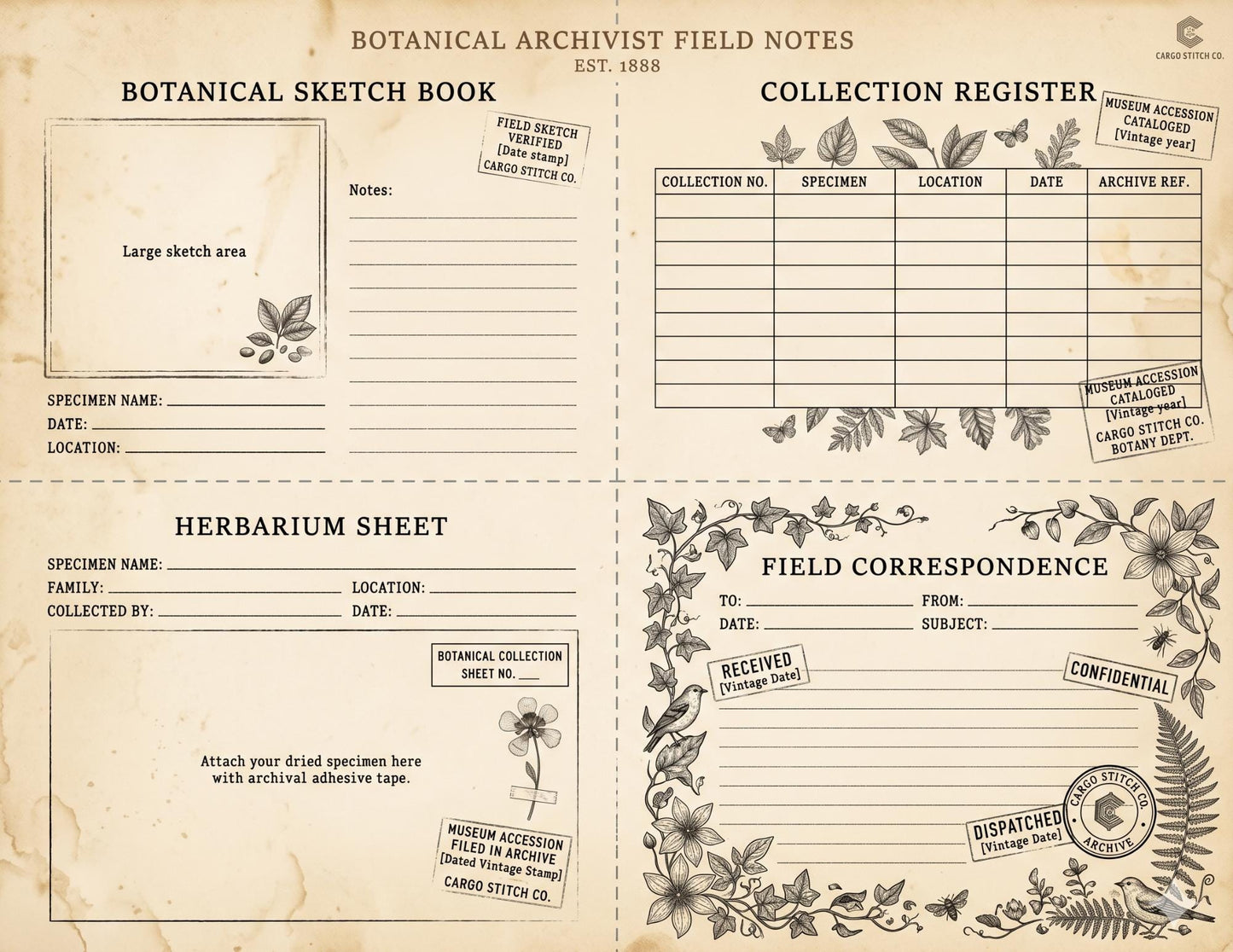 Botanical Archivist Field Notes Collection, Printable Journal Pages, Herbarium Records, Botanical Ephemera, Junk Journal Kit, Nature Archive