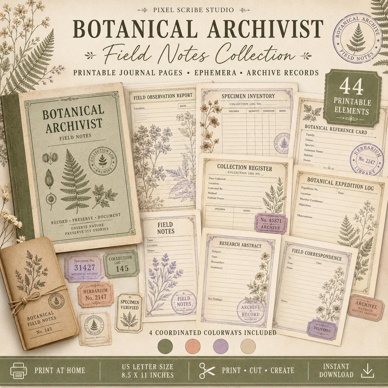 Botanical Archivist Field Notes Collection, Printable Journal Pages, Herbarium Records, Botanical Ephemera, Junk Journal Kit, Nature Archive