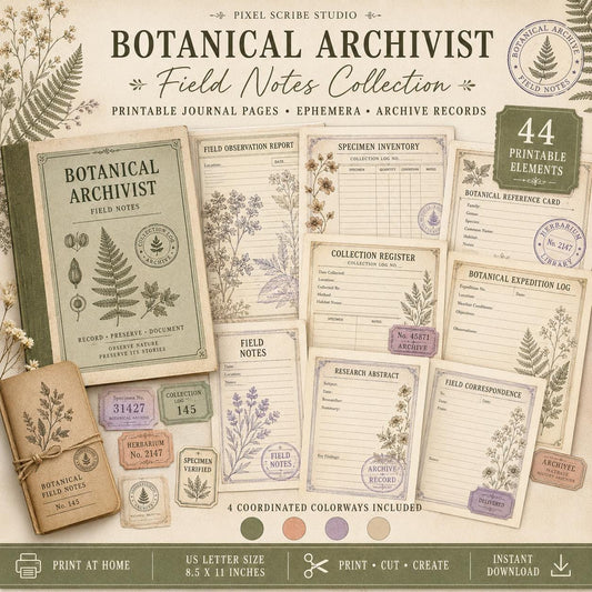 Botanical Archivist Field Notes Collection, Printable Journal Pages, Herbarium Records, Botanical Ephemera, Junk Journal Kit, Nature Archive