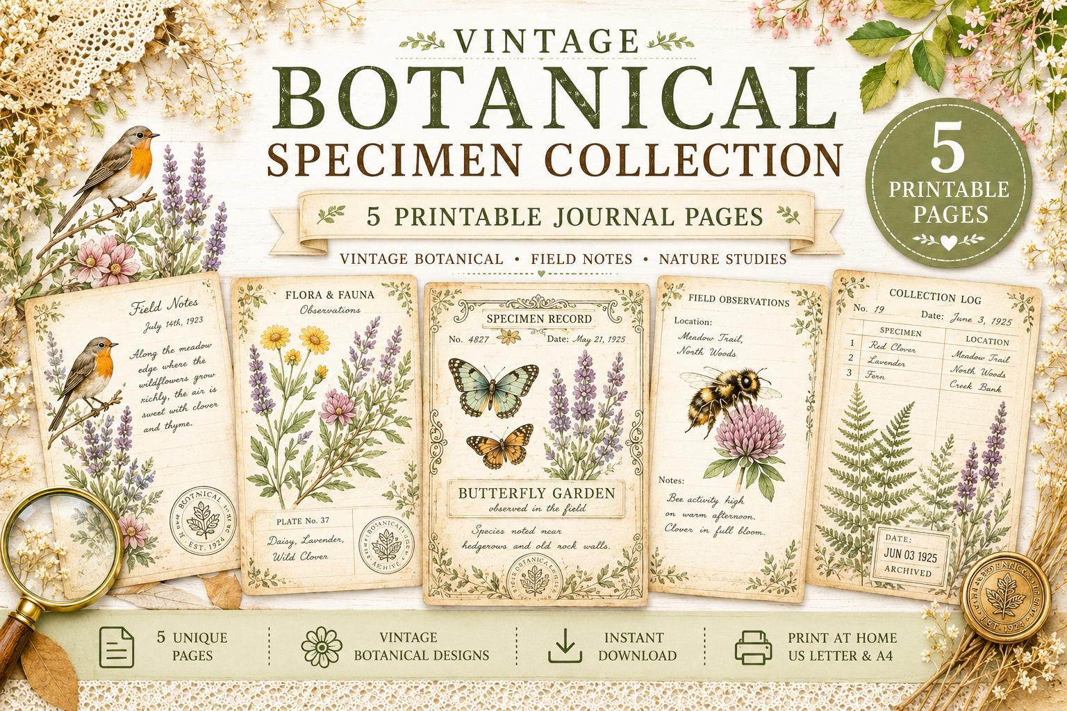 Vintage Botanical Bird Journal Pages Printable | Robin Blue Tit Nature Ephemera | Bee Butterfly Ledger Pages | Digital Download
