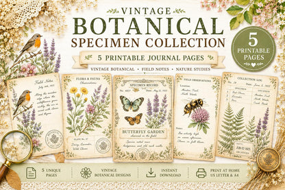 Vintage Botanical Bird Journal Pages Printable | Robin Blue Tit Nature Ephemera | Bee Butterfly Ledger Pages | Digital Download