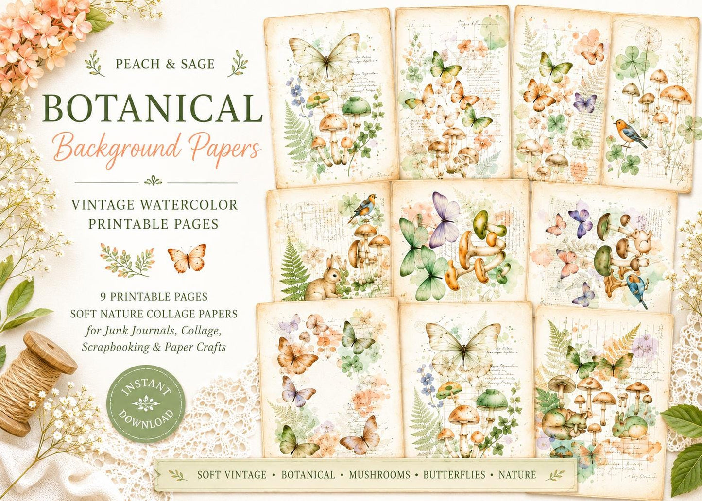 Peach & Sage Botanical Background Papers | Vintage Watercolor Nature Printable Pages | Junk Journal Collage Papers