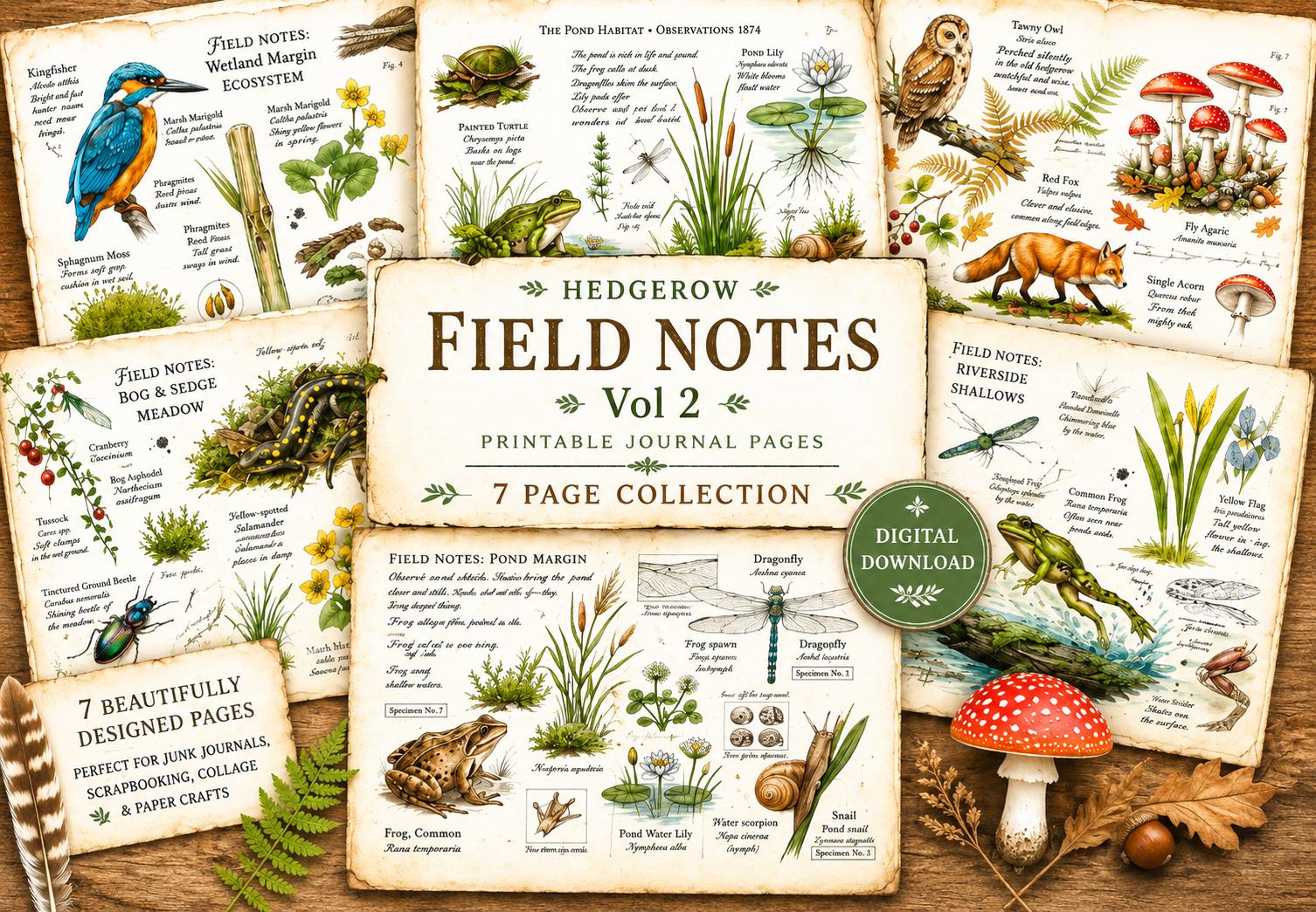 Hedgerow Field Notes Vol 2 Printable Junk Journal Kit, Woodland Nature Pages, Vintage Naturalist Ephemera, Forest Journal Pages