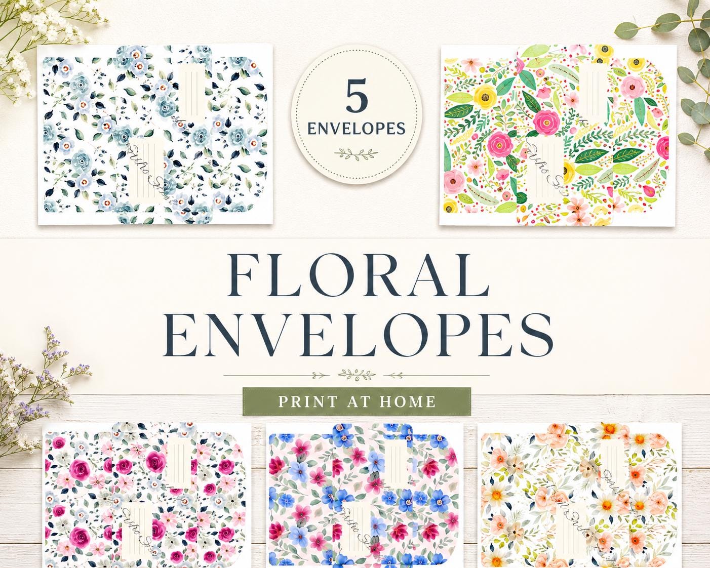 Floral Printable Envelopes | 5 Vintage-Style Stationery Designs for Happy Mail, Journaling & Handmade Letters PDF