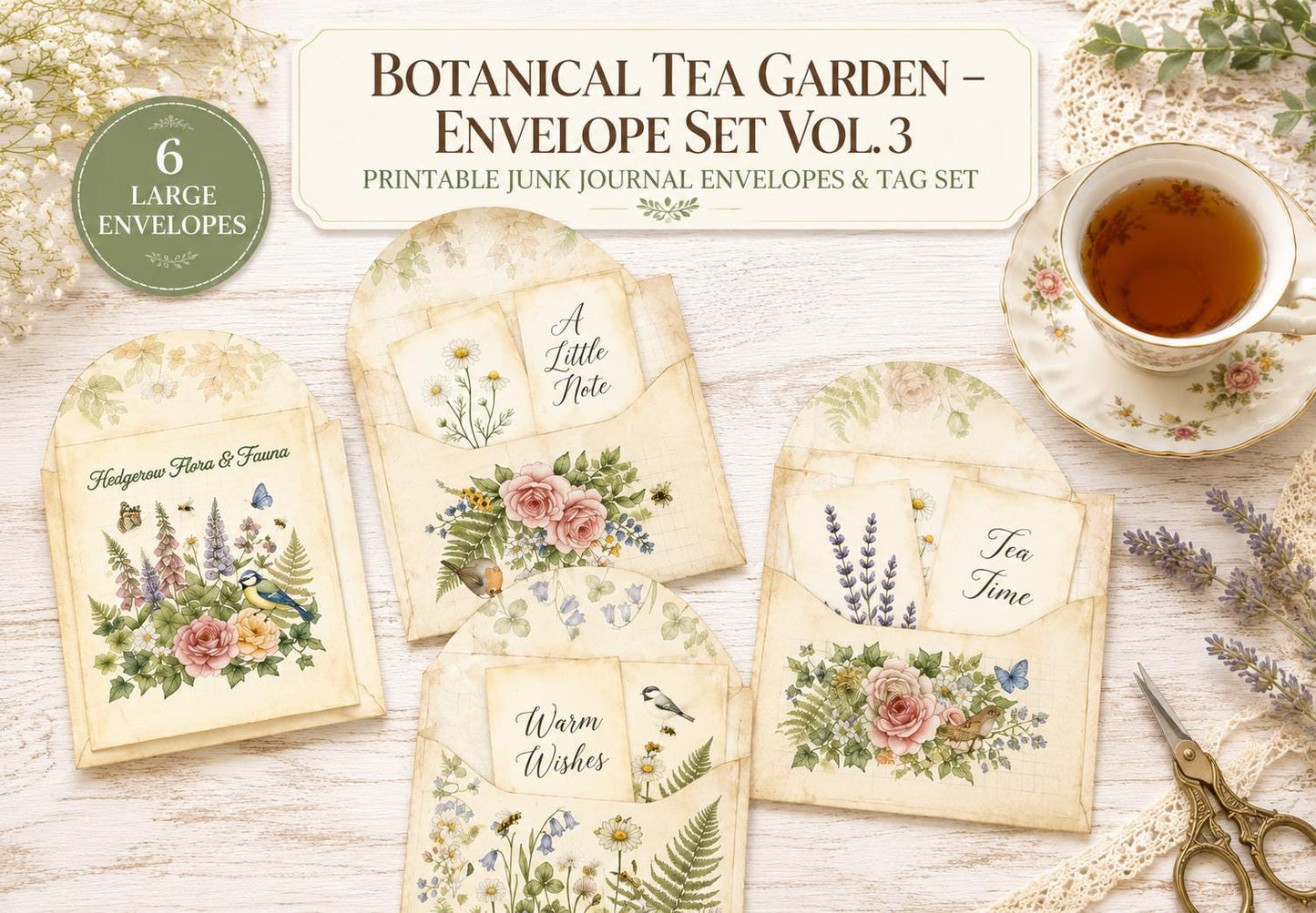 Botanical Tea Envelope Printable Set, Birds and Blooms Junk Journal Kit, Vintage Envelope Templates, Cottagecore Ephemera Download