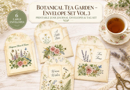 Botanical Tea Envelope Printable Set, Birds and Blooms Junk Journal Kit, Vintage Envelope Templates, Cottagecore Ephemera Download