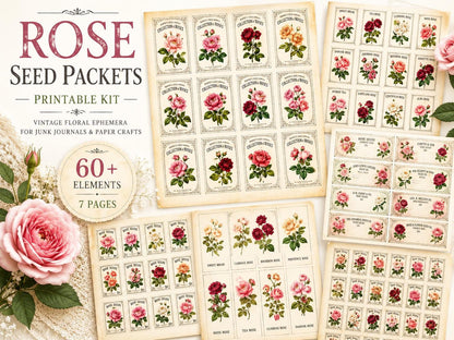 Victorian Rose Seed Packets Printable, 7 Page Junk Journal Kit, 60+ Vintage Floral Ephemera