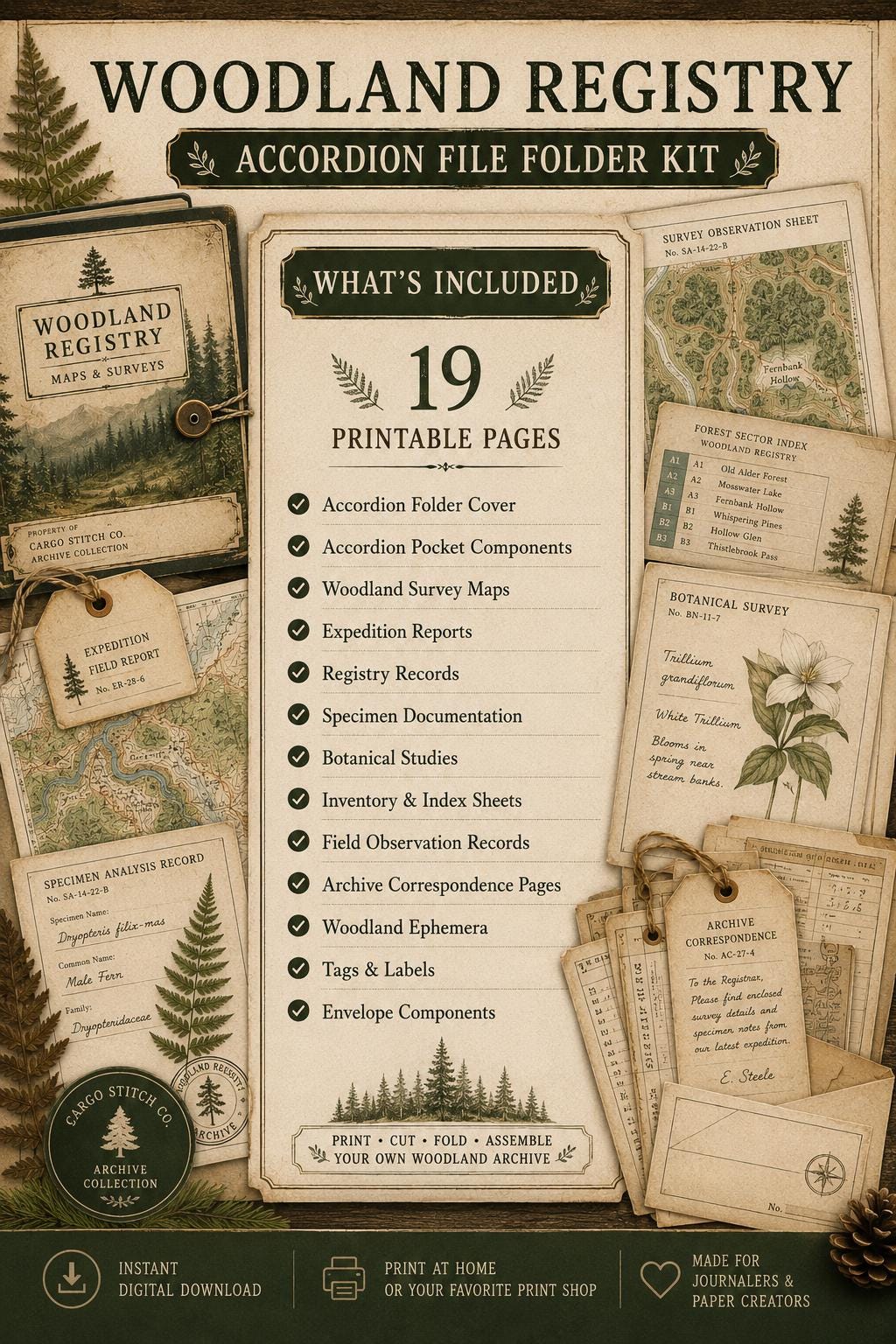 Accordion File Folder Kit Woodland Registry | Woodland Maps & Surveys | Printable Accordion Folder, Junk Journal Printable, Archive Ephemer