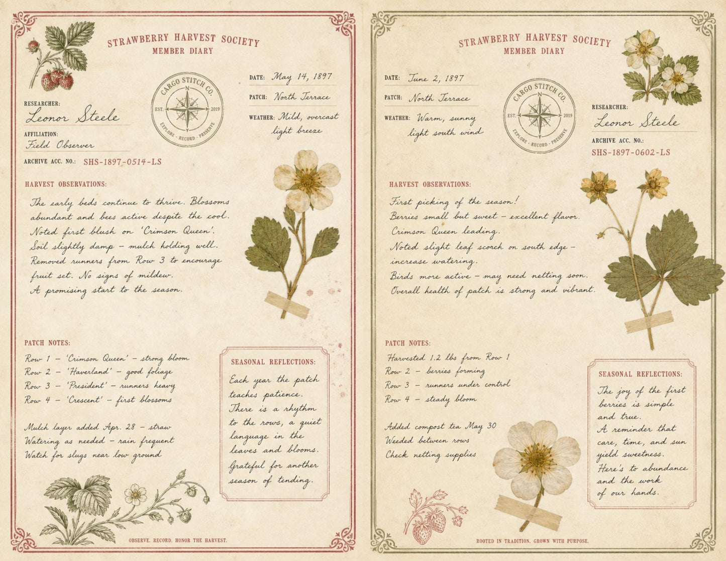 Strawberry Harvest Society Journal & Record Pages | 18 Printable Pages | Vintage Botanical Strawberry Junk Journal Kit