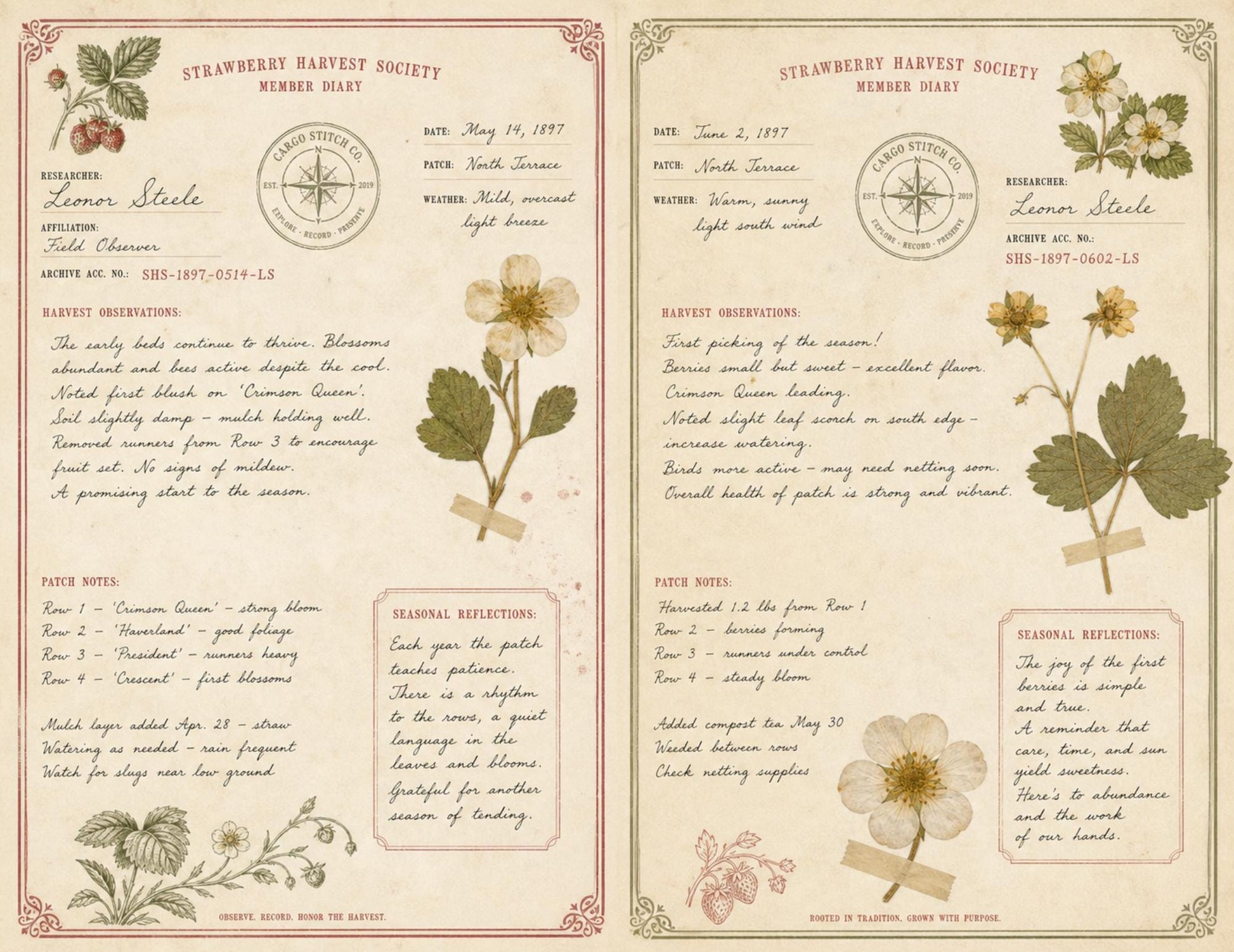 Strawberry Harvest Society Journal & Record Pages | 18 Printable Pages | Vintage Botanical Strawberry Junk Journal Kit