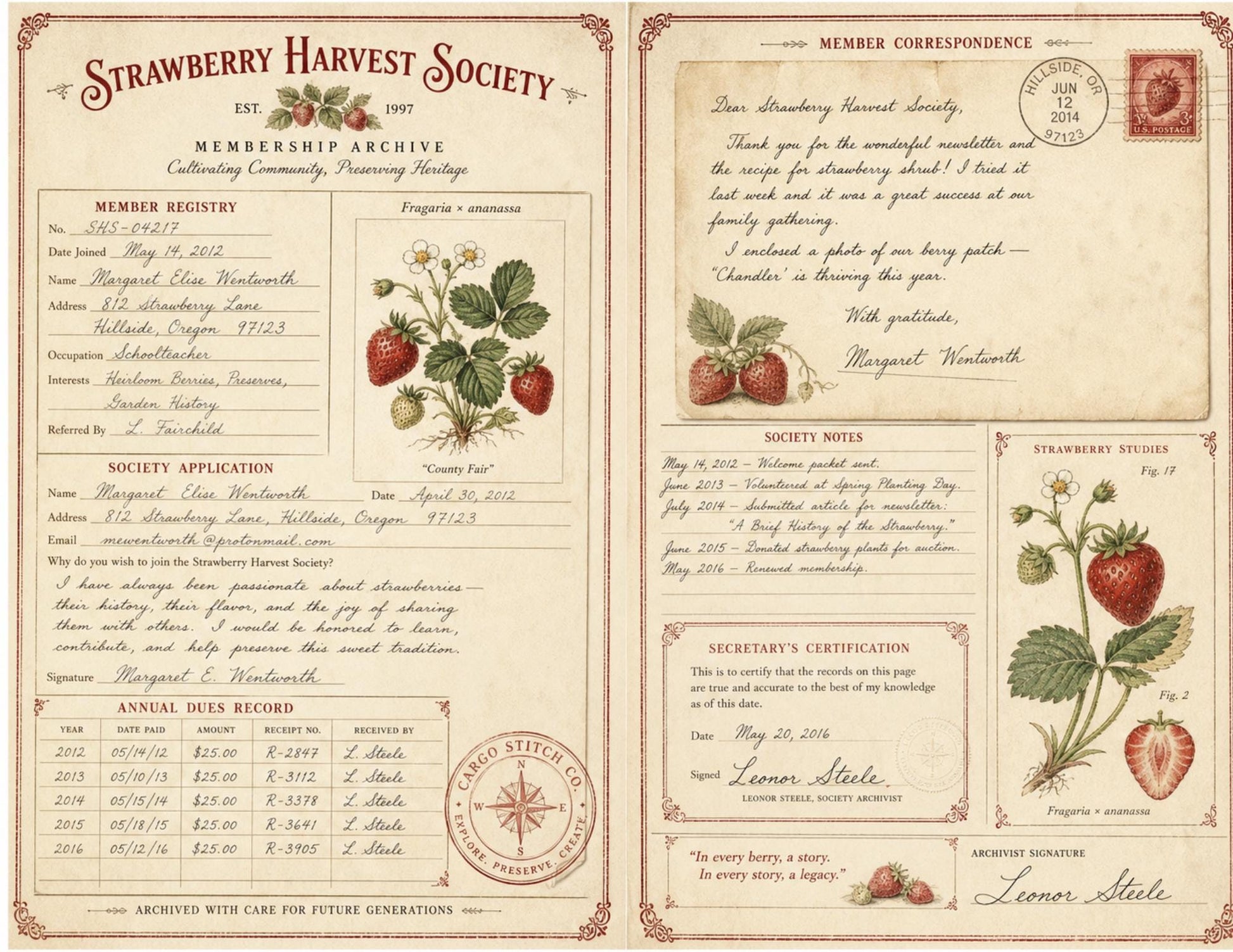 Strawberry Harvest Society Journal & Record Pages | 18 Printable Pages | Vintage Botanical Strawberry Junk Journal Kit