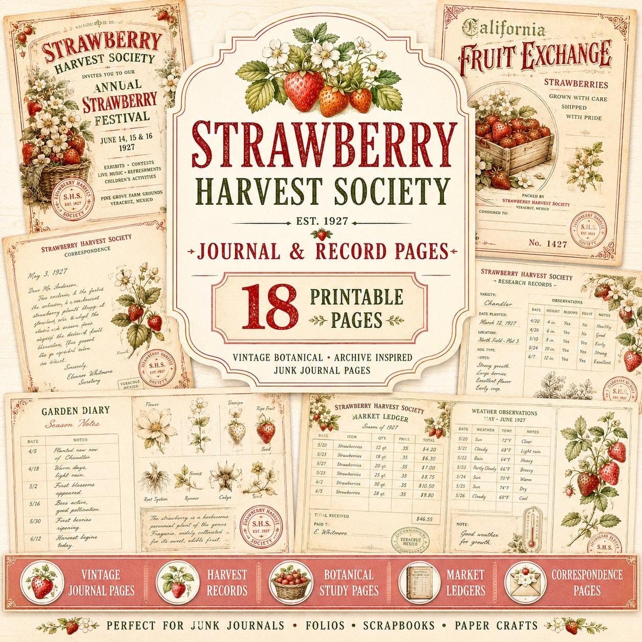 Strawberry Harvest Society Journal & Record Pages | 18 Printable Pages | Vintage Botanical Strawberry Junk Journal Kit