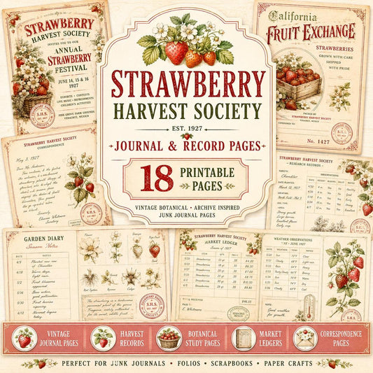 Strawberry Harvest Society Journal & Record Pages | 18 Printable Pages | Vintage Botanical Strawberry Junk Journal Kit