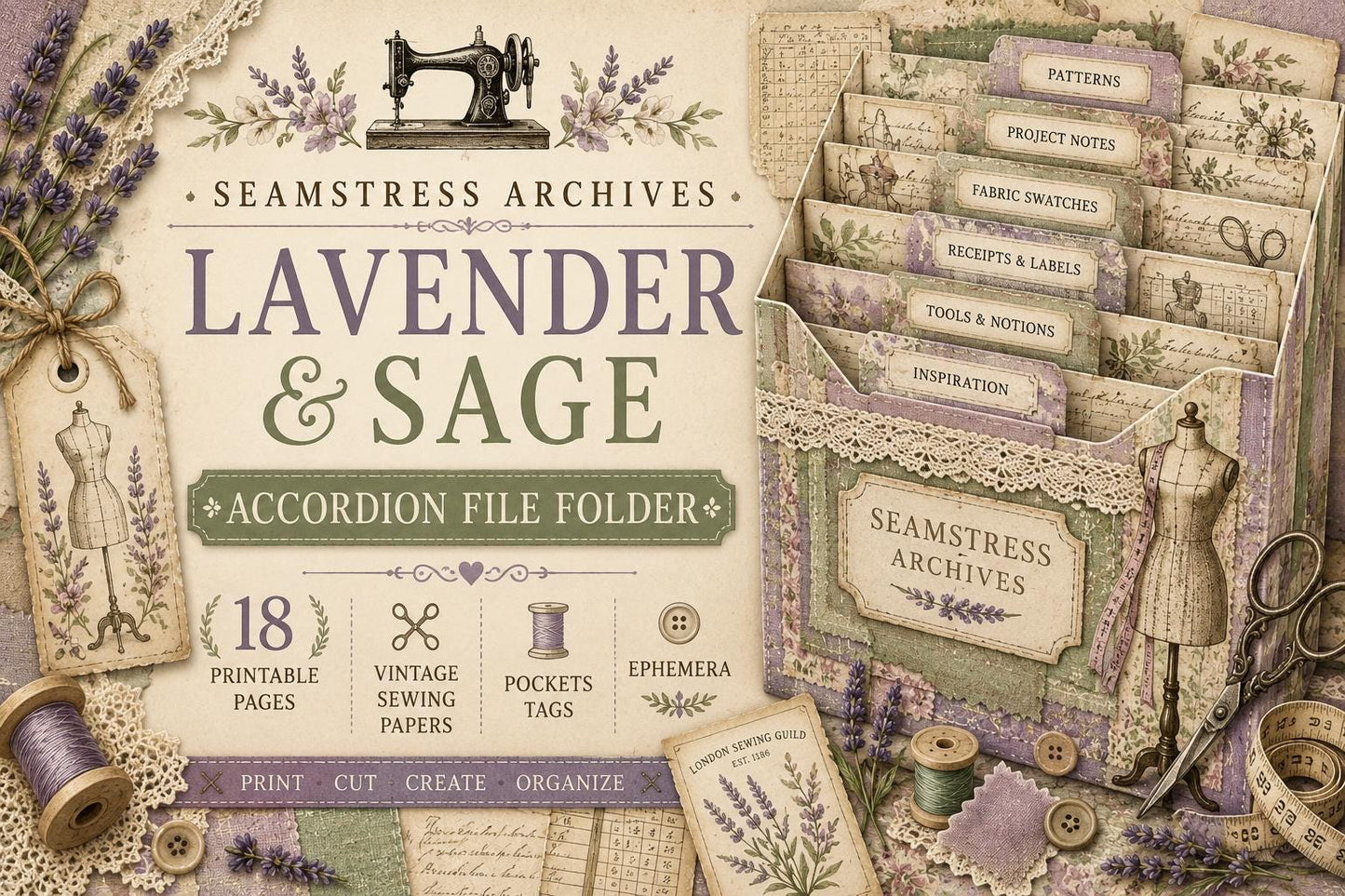 Seamstress Archives Accordion File Folder | Vintage Sewing Printable Organizer | Textile Archive Collection | Junk Journal Kit