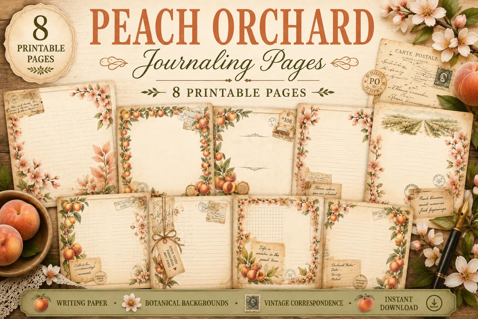 Peach Orchard Journaling Pages | Vintage Botanical Writing Paper | Peach Blossom Stationery | Printable Journal Pages | Junk Journal Kit