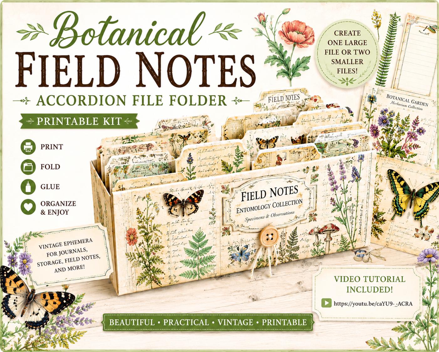 Botanical Field Notes Accordion File Folder Printable | Vintage Nature Ephemera Organizer Kit | Junk Journal Storage System