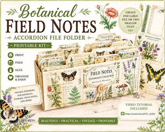 Botanical Field Notes Accordion File Folder Printable | Vintage Nature Ephemera Organizer Kit | Junk Journal Storage System