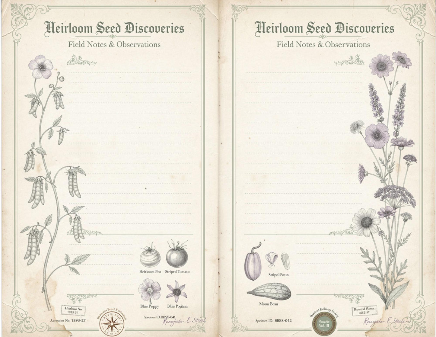 Botanical Seed Exchange Society Garden Observation Journal | 14 Printable Pages | Botanical Writing Pages & Garden Records