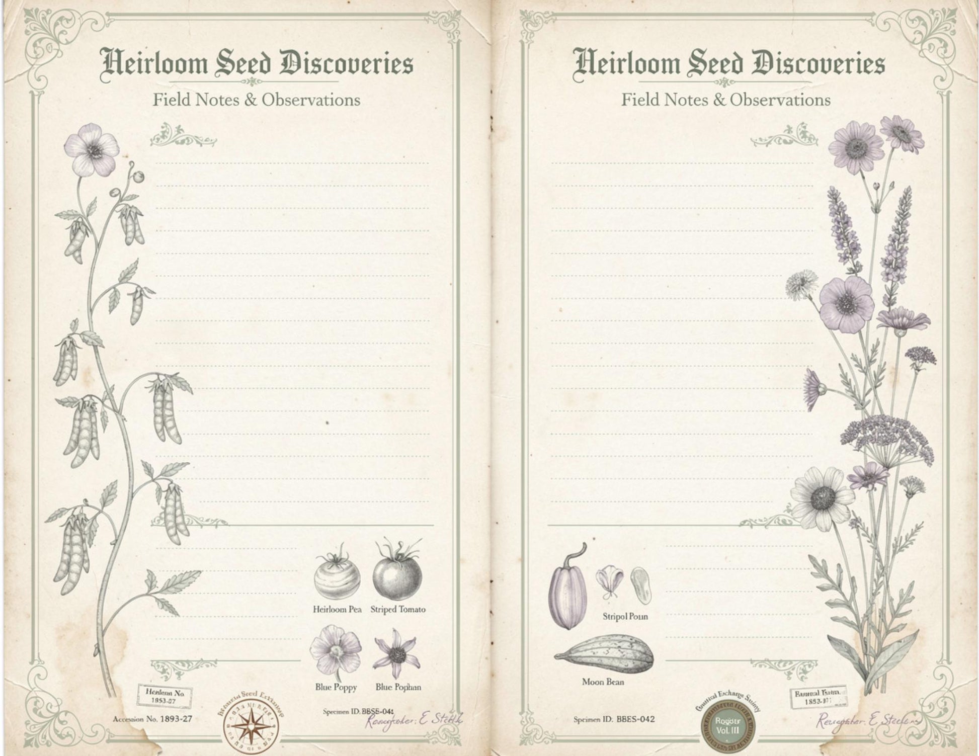 Botanical Seed Exchange Society Garden Observation Journal | 14 Printable Pages | Botanical Writing Pages & Garden Records