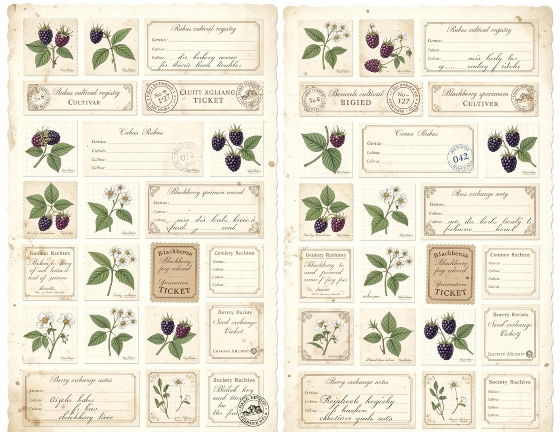 Blackberry Exchange Society Ephemera Collection | 19 Printable Pages, Vintage Botanical Junk Journal Kit | Tags, Labels Tickets Certificates