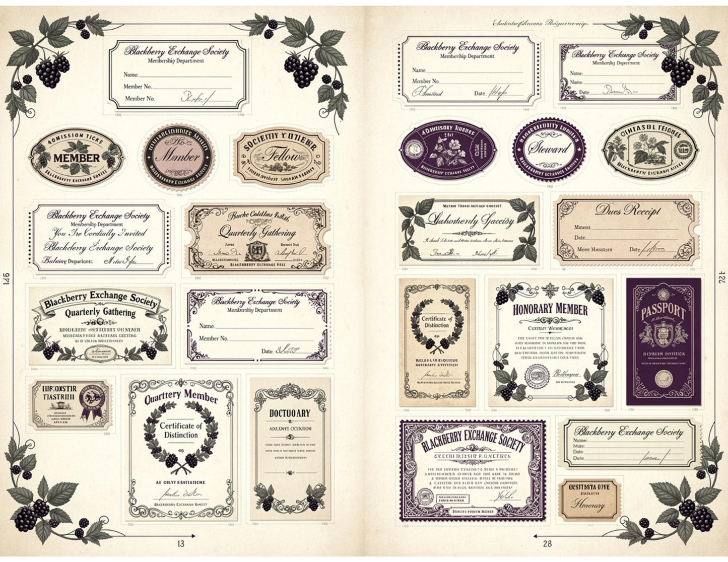 Blackberry Exchange Society Ephemera Collection | 19 Printable Pages, Vintage Botanical Junk Journal Kit | Tags, Labels Tickets Certificates